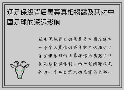 辽足保级背后黑幕真相揭露及其对中国足球的深远影响