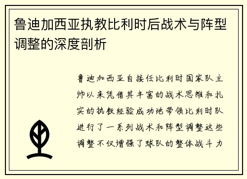 鲁迪加西亚执教比利时后战术与阵型调整的深度剖析 鲁迪加西亚执教比利时后战术与阵型调整的深度剖析